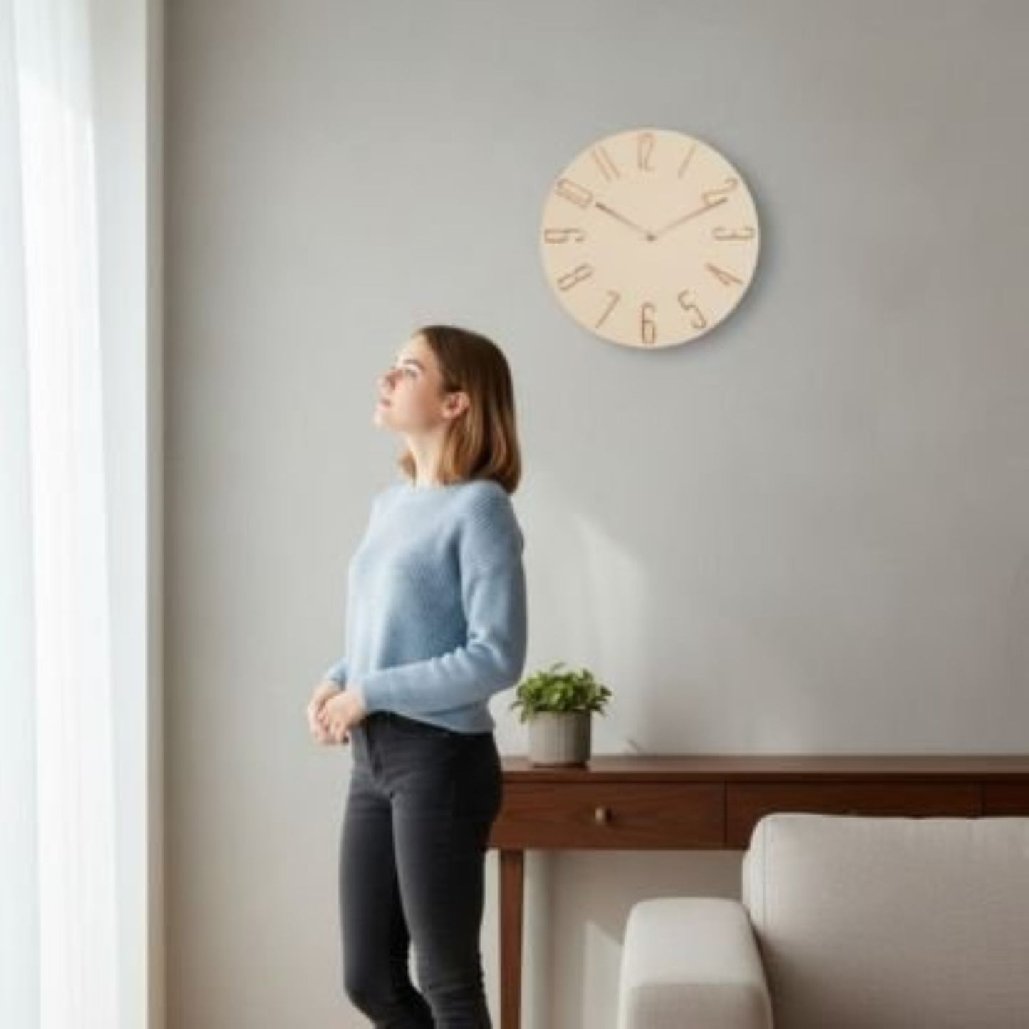 Femme debout dans un salon avec horloge murale circulaire beige en arriĂšre-plan