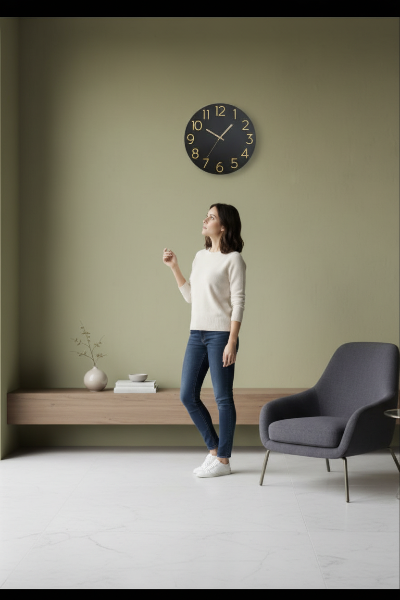 Femme debout sous une horloge murale circulaire noire dans un salon minimaliste
