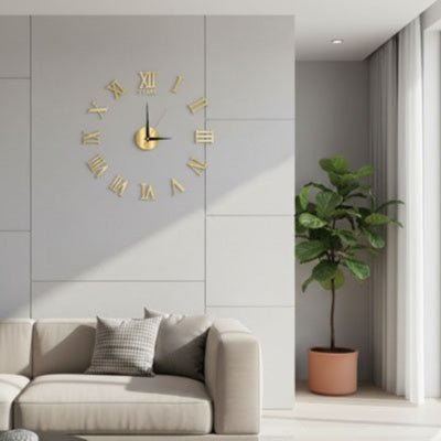 Horloge murale numérique chiffres romains 3D en relief sur mur blanc