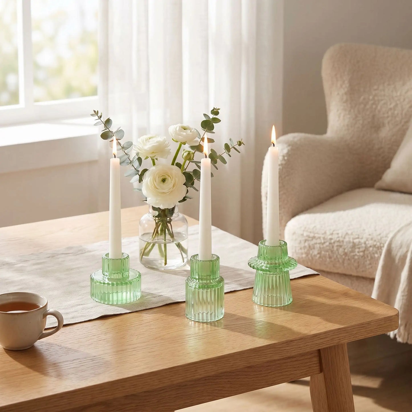 Bougeoir en verre conique vert clair – décoration fraîche et lumineuse