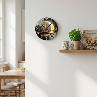 Horloge murale hibou doré dans une cuisine lumineuse – décoration murale