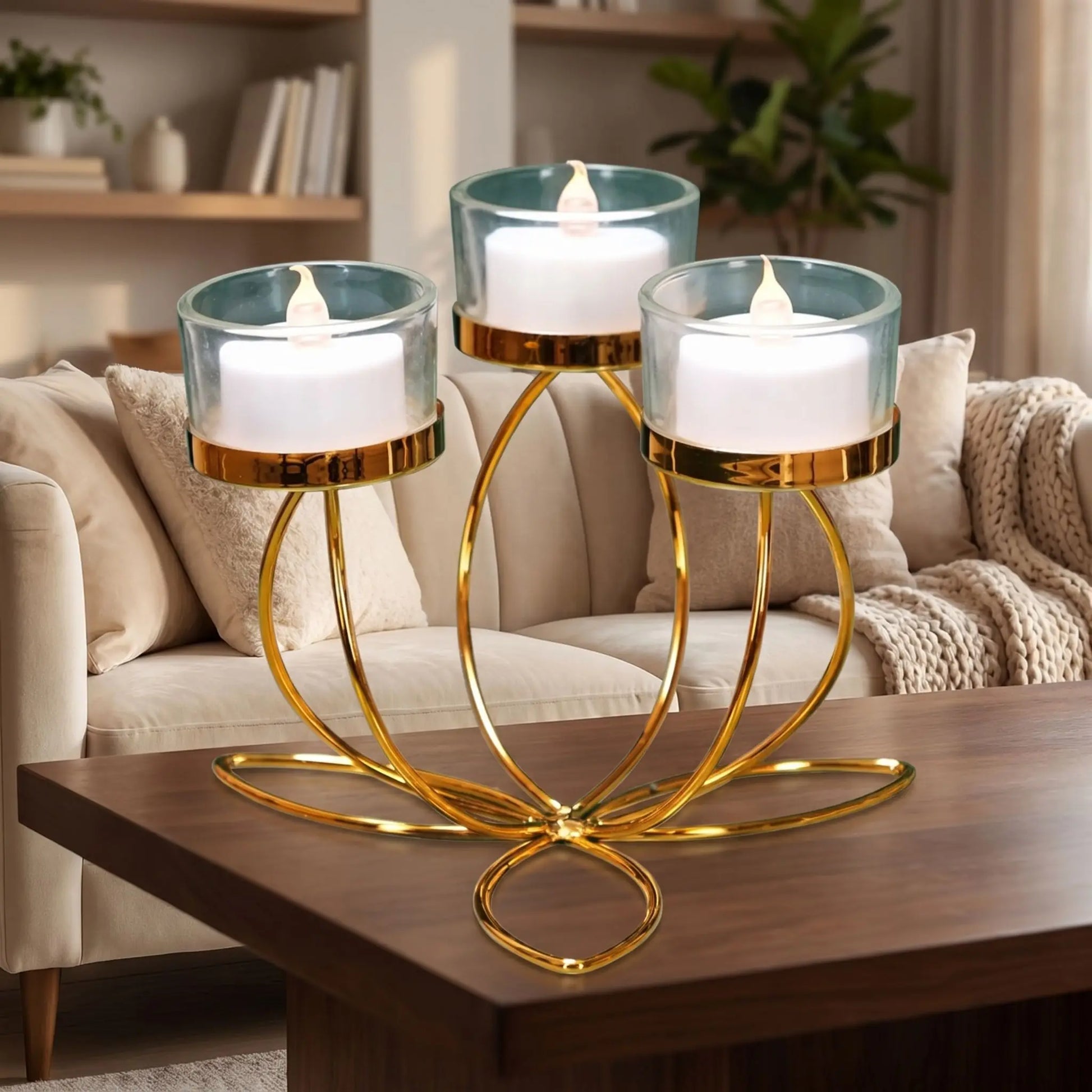 Bougeoir doré design à trois pétales décoration table chaleureuse