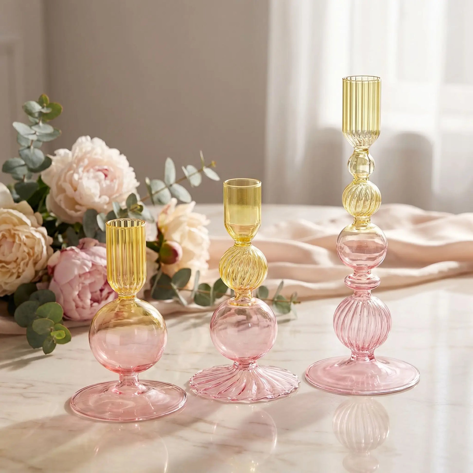 Bougeoir en verre romantique jaune et rose – une touche de douceur sur votre table