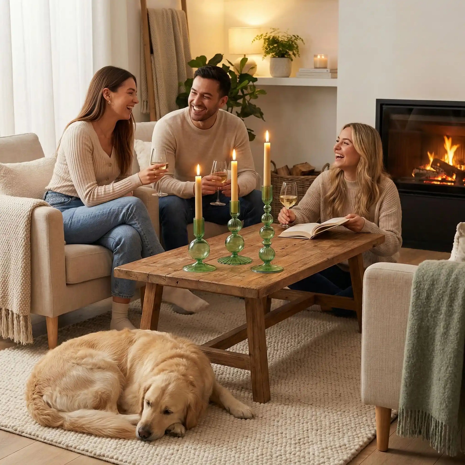 Bougeoir en verre romantique vert sur table basse – ambiance cosy entre amis au coin du feu