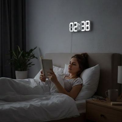 Femme lisant dans son lit avec une horloge numérique murale LED blanche affichant l'heure dans une chambre moderne