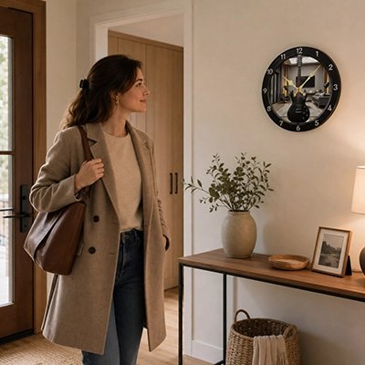 Femme admirant horloge design murale guitare décorative dans une entrée maison élégante