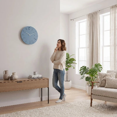 Femme admirant  horloge murale circulaire bleue dans un salon lumineux