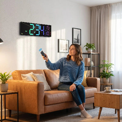 Femme assise sur canapé contrôlant son horloge digitale murale LED multicolore avec télécommande 