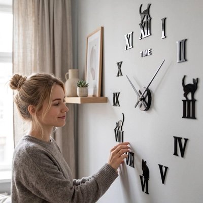 Femme installant horloge murale design chiffres romains noirs motifs chats sur mur blanc