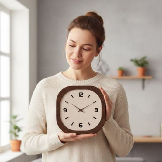Femme tenant en main une horloge murale en bois Design Precision