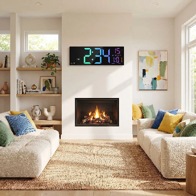 Grande horloge digitale murale multicolore au-dessus cheminée dans salon cosy lumineux