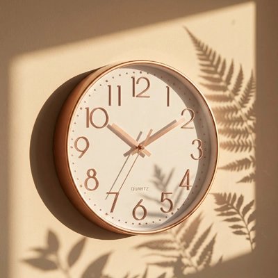 Gros plan horloge murale originale ronde cadran blanc chiffres arabes finition rose gold