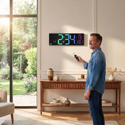 Homme contrôlant horloge digitale murale LED multicolore avec télécommande dans salon moderne