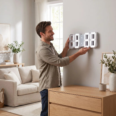 Homme installant horloge numérique murale LED blanche dans salon scandinave moderne lumineux