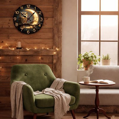 Horloge murale design moderne avec lune et chiffres dorés