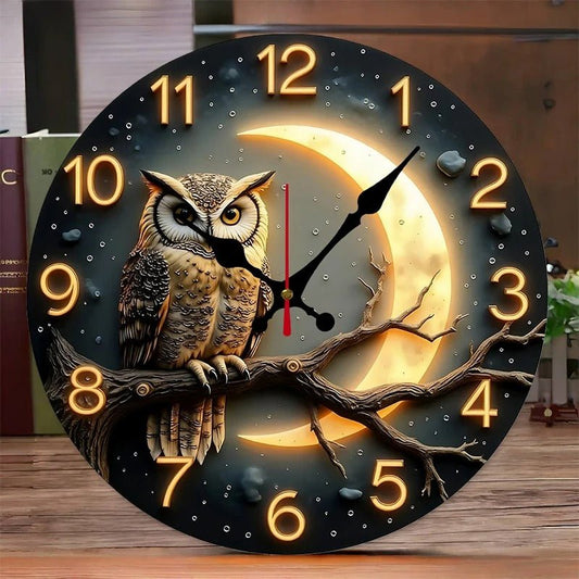 Horloge murale hibou doré fond nocturne étoilé – décoration salon