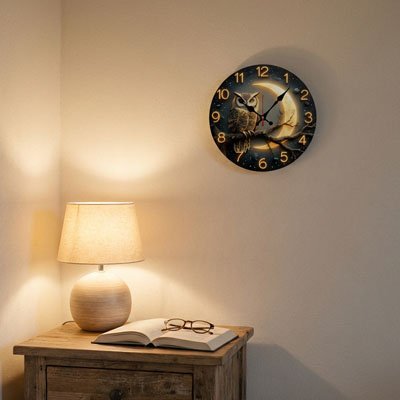 Horloge murale hibou lune accrochée dans une chambre cosy 