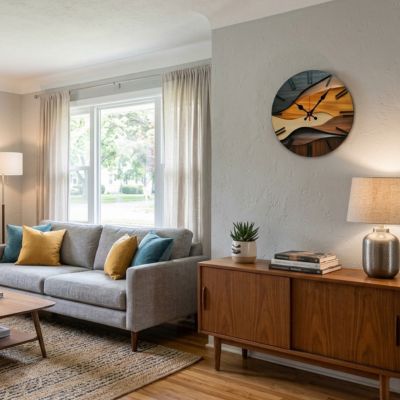 Horloge murale originale en bois multicouche dans un salon moderne aux tons neutres