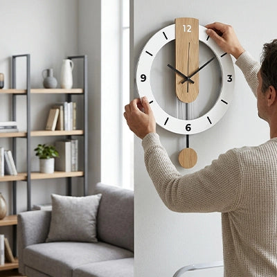Horloge design murale en train d'être installé par un homme dans un salon
