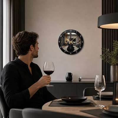 Horloge design murale guitare dans salle à manger avec homme dégustant verre de vin
