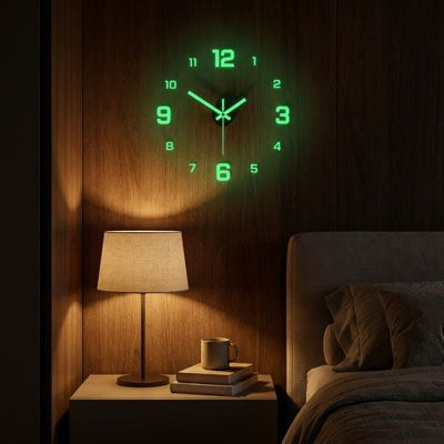 Horloge murale numérique lumineuse chiffres et aiguilles verts brillants dans chambre sombre