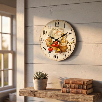 Horloge murale vintage en bois cadran blanc motif cuisine provençale  chic