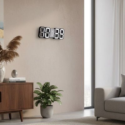Horloge numérique murale-sur mur beige dans un salon scandinave lumineux avec plante verte et commode