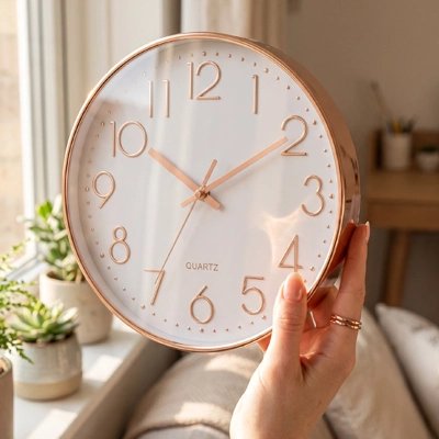 Main tenant une horloge murale originale cadran blanc cadre rose  près fenêtre lumineuse