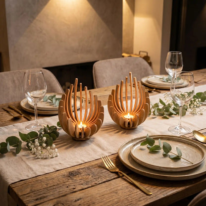Belle décoration de table pour diner-romantique avec bougeoir bois décoratif