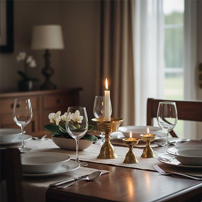 Bougeoir doré laiton sur table à manger