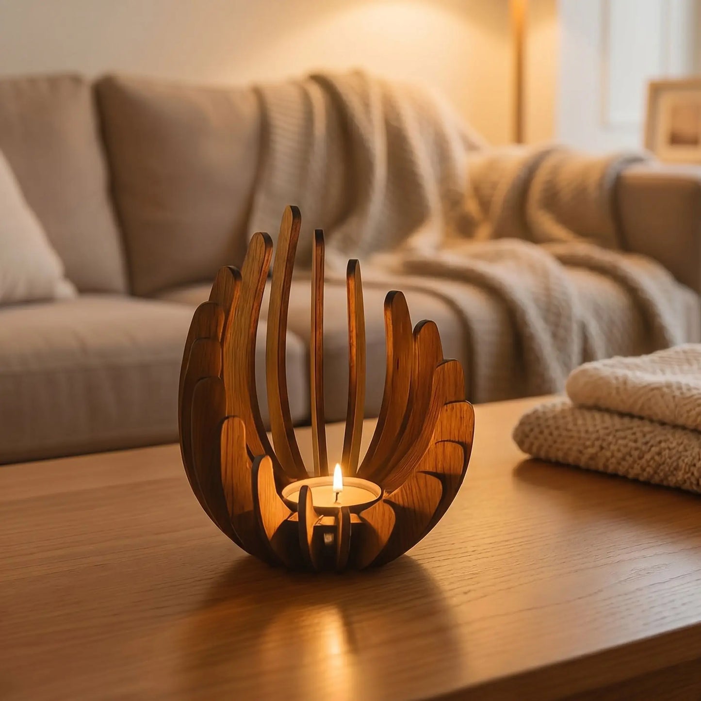 Bougeoirs bois decoratif lotus sur table atmosphere chaleureuse