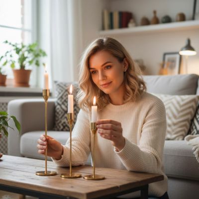 Bougeoirs métalliques avec bougies allumées