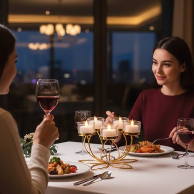 Deux amis dinant autour d'un bougeoir doré ambiance chaleureuse