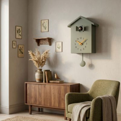 Horloge à coucou contemporaine cadran chiffres arabes et aiguilles dorées