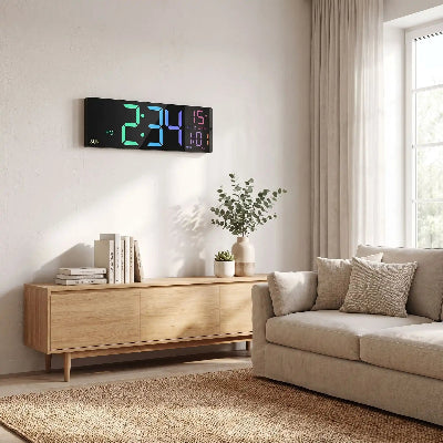 horloge digitale murale dans un salon scandinave épuré avec meuble en bois